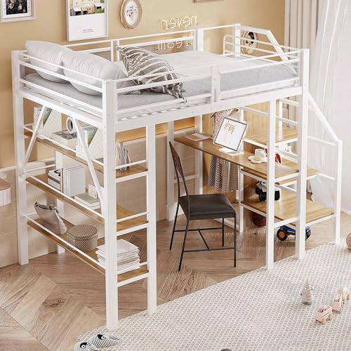 boorbin Hochbett 140 * 200cm, dreilagiges Ablageregal, Schreibtisch, Kleiderschrank, Sicherheitsstufen mit Ablagefach, hohes Zaundesign, Eisenbett, Einzelbett (Weiß) von boorbin