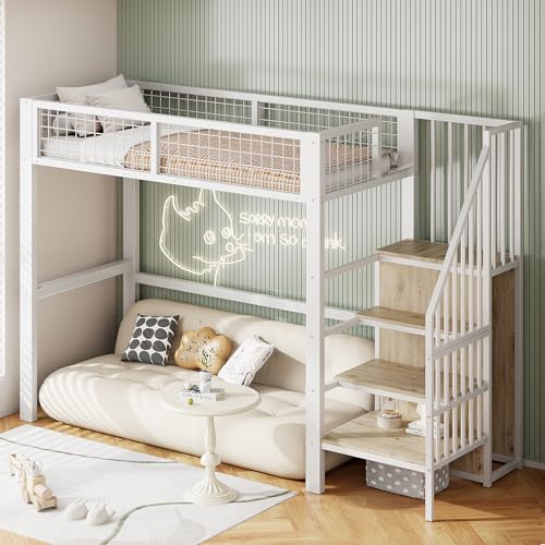 boorbin Hochbett 90 * 200 mit Leiter, Kinderbett mit Eisenrahmen und Aufbewahrungsregal, Kleiderschrank (Weiß) von boorbin