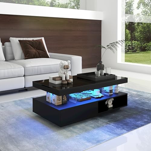 boorbin Hochglanz Couchtisch 95x50x42,5 cm - mit 4 Glasplatten, 2 Schubladen und 2 offenen Fächern, Unterschrank im Wohnzimmer, Couchtisch (Schwarz) von boorbin