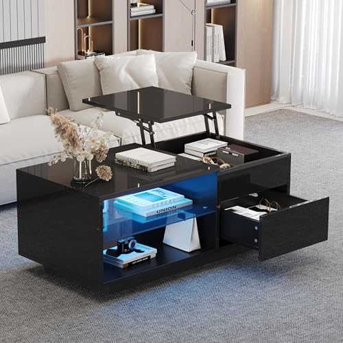 boorbin Höhenverstellbarer Couchtisch, Wohnzimmertisch mit LED, Hochglanz-Couchtisch mit 1 Schublade, Sofatisch mit Trennwand aus gehärtetem Glas und verstecktem Stauraum (100 * 49 * 40 cm) von boorbin