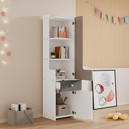 boorbin Hohes Bücherregal, Teenager-Regal mit L-förmigen Tür, mit Schublade, Aufbewahrungsschränke, Türen mit Scharnieren, mit quadratische Metallknöpfe, MDF, Weiß + helle Ulmefarbe + Grau boorbin Hohes Bücherregal, Teenager-Regal mit L-förmigen Tür, mit Schublade, Aufbewahrungsschränke, Türen mit Scharnieren, mit quadratische Metallknöpfe, MDF, Weiß + helle Ulmefarbe + Grau von boorbin