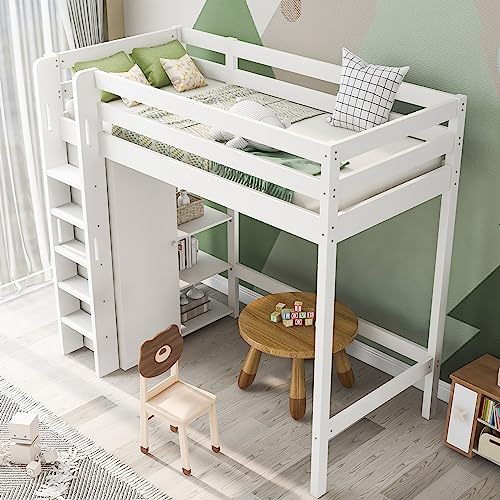 boorbin Kinderbett Hochbett 90x200 cm, Einzel Bettgestel mit Kleiderschrank und 6 Regalen, Weiß, Leicht zu Montieren,Stabil und Langlebig boorbin Kinderbett Hochbett 90x200 cm, Einzel Bettgestel mit Kleiderschrank und 6 Regalen, Weiß, Leicht zu Montieren,Stabil und Langlebig von boorbin