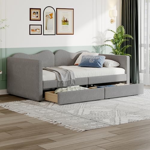 boorbin Kinderbett Polsterbett 90 * 200 cm, Sofabett mit 2 Schubladen, Bettrahmen Teddybärstoff, Multifunktionsweichbett mit Rückenlehne und Armlehnen, Jugendbett Gästebett (Grau) von boorbin