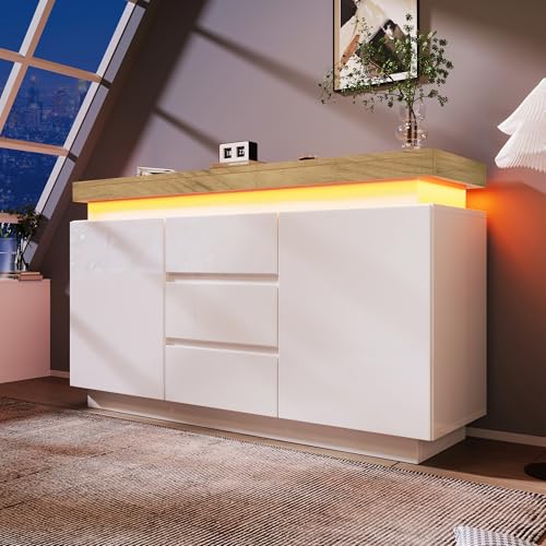 boorbin Kommode, Hochglanz Sideboard mit 2 Türen und 3 Schubladen, LED Beleuchtung (App Control), Mehrzweckschrank für Wohnzimmer und Schlafzimmer, 81 x 140 x 39 cm, Weiß von boorbin