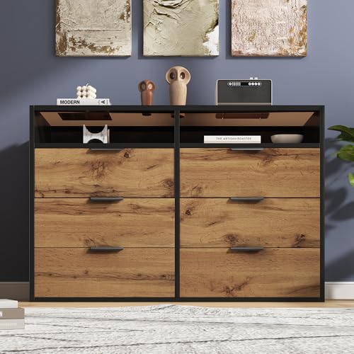 boorbin Kommode Sideboard aus Bernstein Glas, Sideboard mit Metallgriffen, Kommode mit 6 Schubladen und 2 Fächern, kippsicher, 120 x 40 x 80 cm, Eiche boorbin Kommode Sideboard aus Bernstein Glas, Sideboard mit Metallgriffen, Kommode mit 6 Schubladen und 2 Fächern, kippsicher, 120 x 40 x 80 cm, Eiche von boorbin