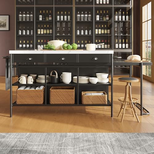 boorbin Kücheninseln, Ausziehbare Kunstmarmorplatte Industrial mit 3-Schubladen, Multifunktionales Küchen- und Esszimmer-Möbel, Kücheninsel Küchenregal Küchewagen Sideboard(1 Kücheninseln) von boorbin