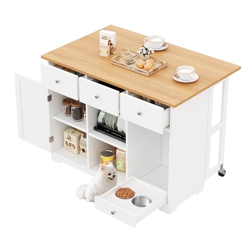 boorbin Küchenwagen, mobiler Servierwagen, Kücheninsel mit Schublade, Küchenschrank mit Haustierfressnapf/Haustieressbereich, 120 * 70 * 90cm, weiß von boorbin