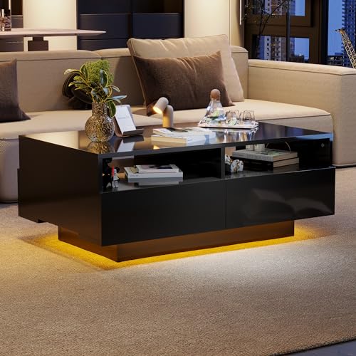 boorbin LED Hochglanz Couchtisch mit 4 Schubladen, Sofatisch, Wohnzimmertisch,Modern Center Table mit 16 Farben LED Lichter für Wohnzimmer Schlafzimmer,USB von boorbin