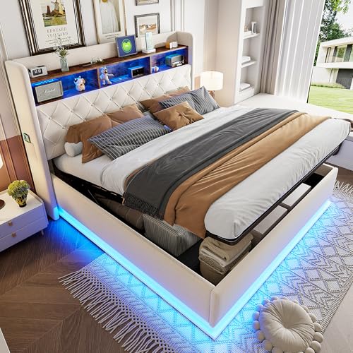 boorbin LED-Polsterbett, Gepolstertes Stauraumbett mit USB-Ladeanschluss und hydraulischem Stauraum, hautfreundlicher Leinenstoff (Beige, 180 x 200 cm) von boorbin