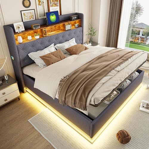 boorbin LED-Polsterbett, Gepolstertes Stauraumbett mit USB-Ladeanschluss und hydraulischem Stauraum, hautfreundlicher Leinenstoff (Grau, 180 x 200 cm) von boorbin
