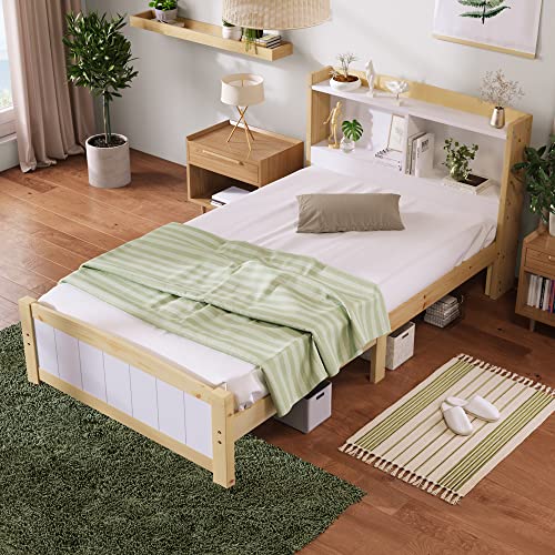 boorbin Massivholz Einzelbett Stauraum-Kopfteil Bett,90 x 200 cm Bettgestell mit Lattenrost Holzbett mit Kopfteil,Kinderbett Jugendbett Kiefer massiv Natürlich und Weiß von boorbin