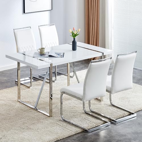 boorbin Moderne Esszimmerstühle 2er Set, Rückenlehne aus PU Kunstleder und Leinen, hoher Rücken gepolstert Side Chair, Querstreifen Rückenlehne Design für Esszimmer, Küche, Gast Bürostuhl (4, Weiß) von boorbin