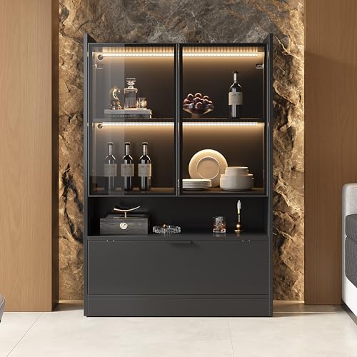 boorbin Moderne LED Vitrine Schwarz Matt Höhe 120cm mit 16-farbige LED-Beleuchtung, Glasvitrine Standvitrine mit Beleuchtung, Wohnzimmerschrank mit Glastüren und Klapptür, Spanplatte Display Schrank boorbin Moderne LED Vitrine Schwarz Matt Höhe 120cm mit 16-farbige LED-Beleuchtung, Glasvitrine Standvitrine mit Beleuchtung, Wohnzimmerschrank mit Glastüren und Klapptür, Spanplatte Display Schrank von boorbin