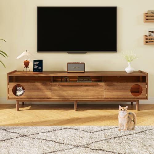 boorbin Moderner Fernsehschrank mit LED, mit Katzenruheraum, Stützhebeln, stahlverstärkten Glastüren & 1 Schublade (ohne Katzenkissen), Nussbaumfarben (180×40×50 cm) von boorbin