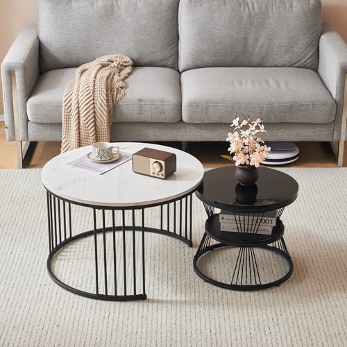 boorbin Moderner Nesting-Couchtisch, Couchtisch-Set, Hochglanz-Tischplatte, marmoriert, Sofa-Beistelltisch, runder Nesting-Tisch, 2er-Set, schwarzer Rahmen boorbin Moderner Nesting-Couchtisch, Couchtisch-Set, Hochglanz-Tischplatte, marmoriert, Sofa-Beistelltisch, runder Nesting-Tisch, 2er-Set, schwarzer Rahmen von boorbin