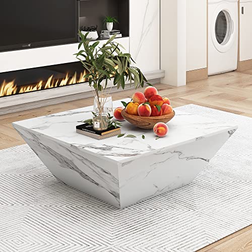 boorbin Moderner Trommel Couchtisch, Trapezförmiger weißer Marmorfurnier Couchtisch, Wohnzimmertisch 70 * 70 * 37cm von boorbin
