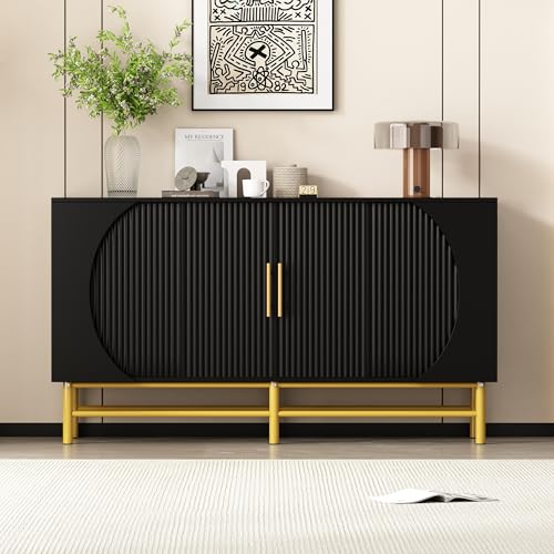 boorbin Moderner Vier-Türen-Sideboard mit vertikalen Streifen und verstellbaren Ablageplatten, einzigartig und funktionsreich, ideal für Wohnzimmer und Esszimmer (Schwarz) von boorbin