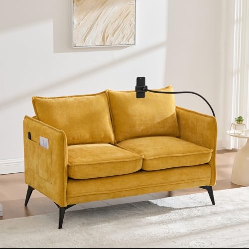 boorbin Modernes Doppelsofa Kleines Stoffsofa Sessel mit Lagerung Seitentasche + einstellbare Handy-Halter Geeignet für Wohnzimmer/Schlafzimmer/Balkon (Gelb) von boorbin