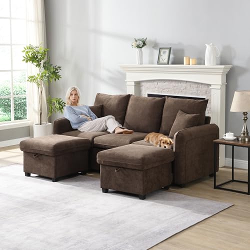 boorbin Multifunktionale Ecksofa U-Form-Dreisitzer Polster-Sofa mit Staufunktion – Inklusive Schubladen + Hocker mit Staufach, modular zerlegbares Sofa-Set mit Schlaffunktion,Cord-Stoff (Antikbraun) von boorbin