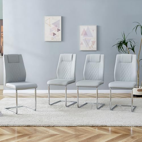 boorbin PU-Essstuhl im nordischen Stil (Vier Stühle im Inneren Einer Kiste) - mit Netznähtdesign, glänzende Silberne Metallbeine und rutschfeste Füße, einfache Vielseitigkeit (Hellgrau) von boorbin
