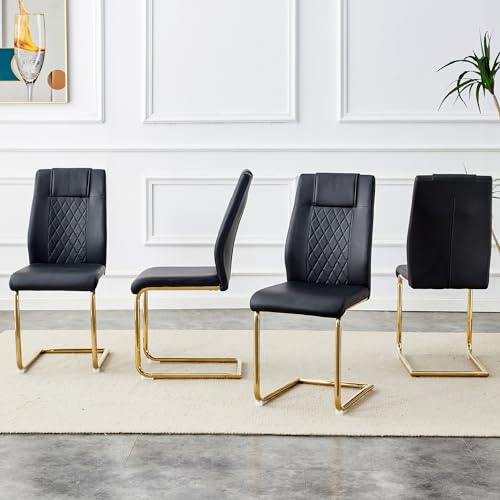 boorbin PU-Essstuhl im nordischen Stil (Vier Stühle im Inneren Einer Kiste) - mit Netznähtdesign, glänzende Silberne Metallbeine und rutschfeste Füße, einfache Vielseitigkeit (Schwarz+Gold) von boorbin