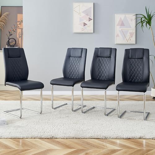 boorbin PU-Essstuhl im nordischen Stil (Vier Stühle im Inneren Einer Kiste) - mit Netznähtdesign, glänzende Silberne Metallbeine und rutschfeste Füße, einfache Vielseitigkeit (Schwarz+Silber) von boorbin