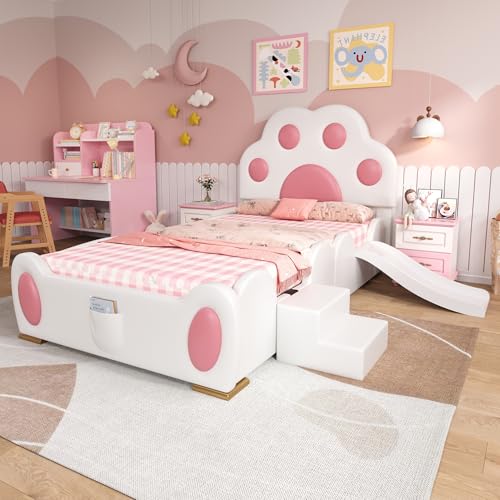 boorbin Polsterbett, Einzelbett, Kinderbett, Kopfteil in Form Einer Cartoon - Katzenpfote, mit Einer Kinderrutsche und Einer zweistufigen Leiter, PU-Oberfläche, 90x200cm (Weiß + Rosa) von boorbin