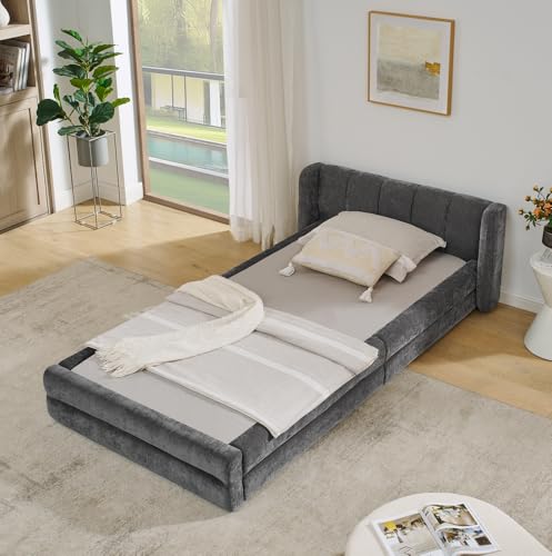 boorbin Polsterbett, Einzelbett, hautfreundlicher Chenillestoff, Komfortables Rückenlehne, Stoffbett mit Lattenrost,Jugendbett für Schlafzimmer, Gästezimmer,ohne Matratze (Dunkelgrau, 90 * 200 cm) von boorbin