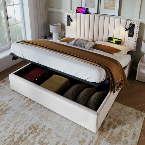 boorbin Polsterbett 140x200,Doppelbett Stauraum Bettkasten,Leselicht mit USB Ladefunktion Kopfteil,Rückenlehne mit Nietendesign,Bett mit Lattenrost und Bettkasten, Baumwolle (Beige-Ohne Matratze) von boorbin