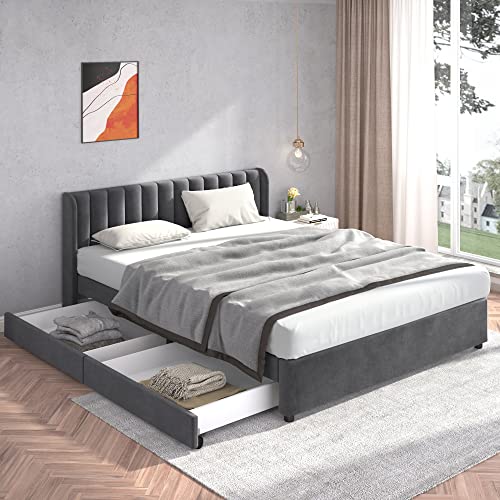 boorbin Polsterbett 180 x 200 cm Samt Mit Lattenrost Rückenlehne 2 Schubladen, grau von boorbin
