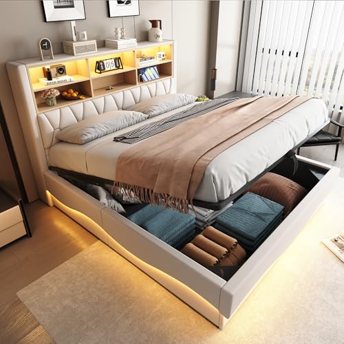 boorbin Polsterbett 180×200  mit hydraulischem Stauraum APP-gesteuertes LED-Lichtband USB-Ladeanschluss Metall-Lattenrost Leinenpolsterung (Beige) von boorbin