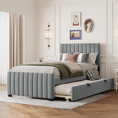 boorbin Polsterbett 90 x 190 cm mit Ausziehbett, flaches Einzelbett in hautfreundlichem Samtstoff Kinderbett Jugendbett Gästebett (Grau) von boorbin