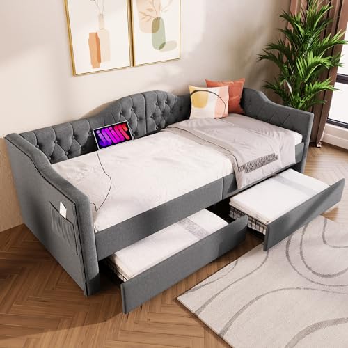 boorbin Polsterbett Daybett Schlafsofa Stauraumbetten Bettgestell mit USB Type C Ladefunktion und 2 Schubladen 90x200cm Samt in Samt,Ohne Matratze (Grau) von boorbin