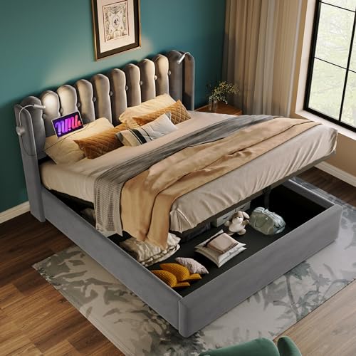 boorbin Polsterbett Doppelbett Leselicht mit Ladefunktion Kopfteil Stauraum Bettgestell Leinenmaterial Jugendbett 140x200 mit lattenrost (Grau) von boorbin