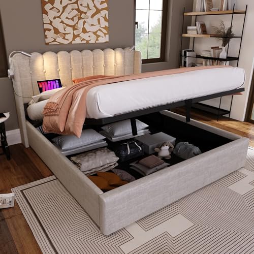 boorbin Polsterbett Doppelbett Leselicht mit Ladefunktion Kopfteil Stauraum Bettgestell Leinenmaterial Jugendbett 140x200 mit lattenrost (Natürlich) von boorbin
