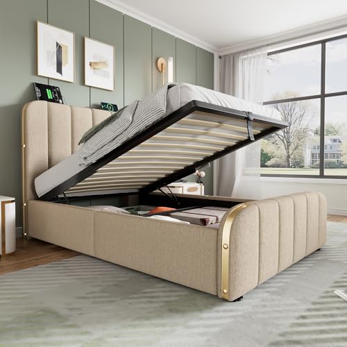 boorbin Polsterbett Einzelbett, gepolstertes Kopfteil mit goldenen Zierstreifen und,USB Typ-C Ladefunktion,Beige Leinen-Material Hydraulisches Lagerbett (Ohne Matratze, 90 * 200 cm) von boorbin
