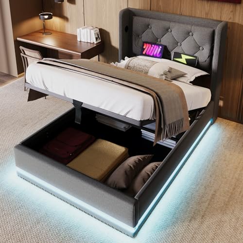 boorbin Polsterbett Einzelbett,Grau Baumwolle-Material Hydraulisches Stauraumbett, gepolstertes Kopfteil mit USB Typ-C Ladefunktion, 3-seitige LED-Funktion,Ohne Matratze (90 * 200 cm) von boorbin