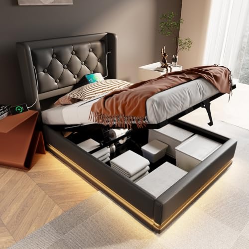 boorbin Polsterbett Einzelbett,Schwarz PU-Material Hydraulisches Stauraumbett, gepolstertes Kopfteil mit USB Typ-C Ladefunktion, 3-seitige LED-Funktion,Ohne Matratze (90 * 200 cm) von boorbin