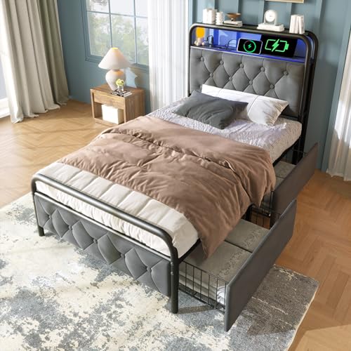 boorbin Polsterbett Einzelbett mit Aufladen USB Type C Ladefunktion APP-Control LED Bettgestell Metallbett 90×200 Bettrahmen und 2 Schubladen, Samt (Grau-Ohne Matratze) von boorbin
