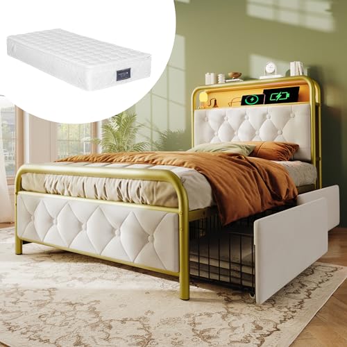 boorbin Polsterbett Einzelbett mit Aufladen USB Type C Ladefunktion APP-Control LED Bettgestell Metallbett 90×200 Bettrahmen und 2 Schubladen, Samt (Weiß-Mit Matratze) von boorbin