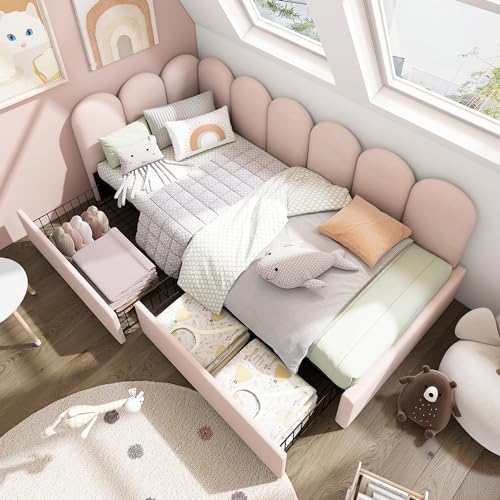 boorbin Polsterbett Einzelbett mit Schubladen Stauraumbett Samt Daybett Tagesbett Schlafsofa mit Lattenrost Jugendbett und Erwachsene Kinderbett,Rosa (90x200cm) von boorbin