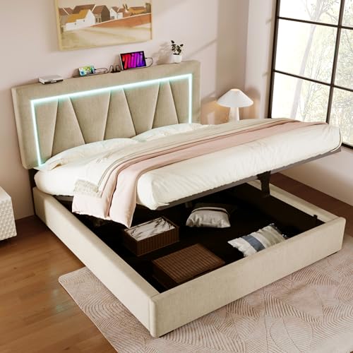boorbin Polsterbett LED Doppelbett mit USB Typ C Ladefunktion und LED-Beleuchtung,Stauraumbetten Bettgestell aus Leinenmaterial Jugendbett mit lattenrost,Ohne Matratze (Beige) von boorbin