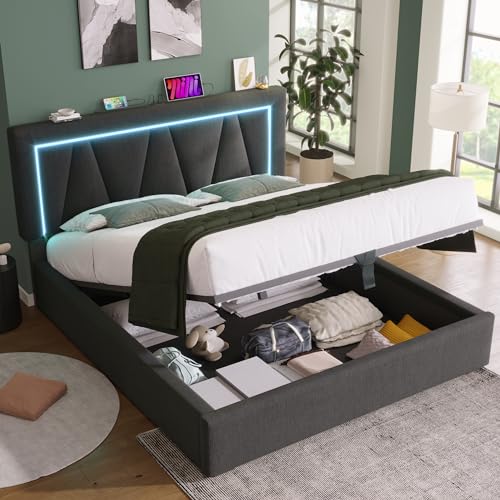 boorbin Polsterbett LED Doppelbett mit USB Typ C Ladefunktion und LED-Beleuchtung,Stauraumbetten Bettgestell aus Leinenmaterial Jugendbett mit lattenrost,Ohne Matratze (Grau) von boorbin