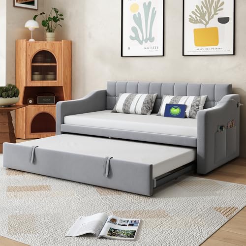 boorbin Polsterbett Schlafsofa 2 in 1 Multifunktionsschlafsofa 90 * 180 * 190, Hellgrau Samtstoff Polsterbett mit Steckdose und Aufbewahrungstasche boorbin Polsterbett Schlafsofa 2 in 1 Multifunktionsschlafsofa 90 * 180 * 190, Hellgrau Samtstoff Polsterbett mit Steckdose und Aufbewahrungstasche von boorbin