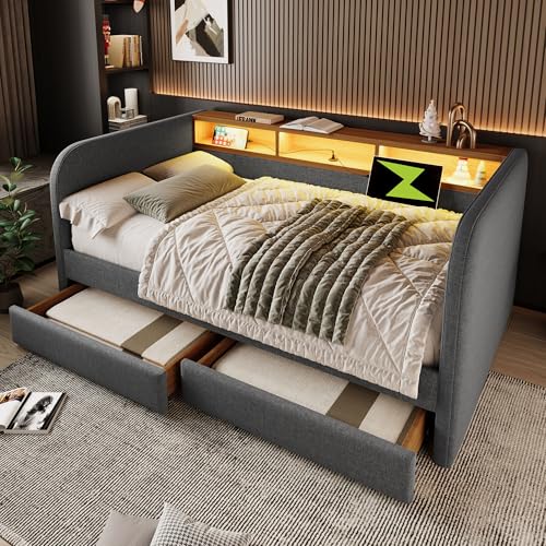 boorbin Polsterbett Tagesbett 140x190 cm, Schlafsofa mit LED und USB-C Ladefunktion, Daybett mit 2 Schubladen und Stauraum-Kopfteil, Leinen (Grau) von boorbin