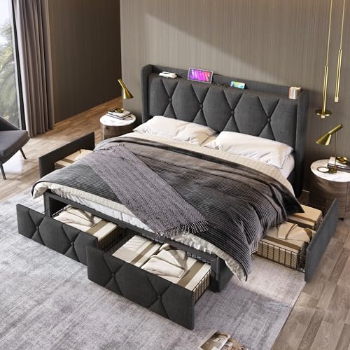 boorbin Polsterbett mit Aufladen USB Ladefunktion Kopfteil und 4 Schubladen,Doppelbett 140x200cm Stauraumbetten Bettgestell, Lattenrost aus Holz, Grau,Ohne Matratze (160x200cm) von boorbin