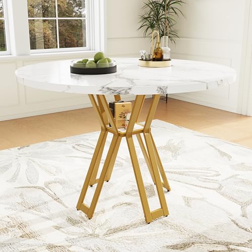 boorbin Runder Esstisch, Leichter und luxuriöser runder Tisch für 4-6 Personen, geeignet für Esszimmer und Wohnzimmer,Beine,marmorierte MDF Tischplatte (Weiß+Gold, 100 x 100 x 76 cm) von boorbin