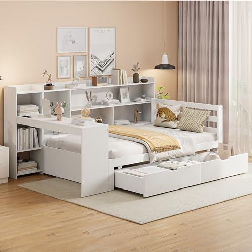 boorbin Schlafsofa aus Massivholz, 90 * 200 cm, Mit Schreibtisch Bücherregal Ablagefächern und Regalen, Mit Steckdose, Mit 2 großen Ablagefächern, Multifunktionales Holzbett (Weiß-1, 90 * 200 cm) boorbin Schlafsofa aus Massivholz, 90 * 200 cm, Mit Schreibtisch Bücherregal Ablagefächern und Regalen, Mit Steckdose, Mit 2 großen Ablagefächern, Multifunktionales Holzbett (Weiß-1, 90 * 200 cm) von boorbin