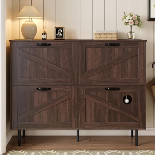 boorbin Schmaler Schuhschrank mit 3 Klappen, mit Ablage für Tierspielzeug, Schuhregal, Schuhablage, für den Einsatz im Flur (Walnut) von boorbin