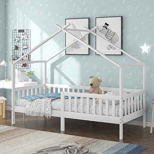boorbin Schönes Hausbett, Kinderbett Massivholz mit Zaun und Lattenrost, Kinder- und Jugendzimmer mit Absturzsicherung, weiß (200x90 cm) von boorbin